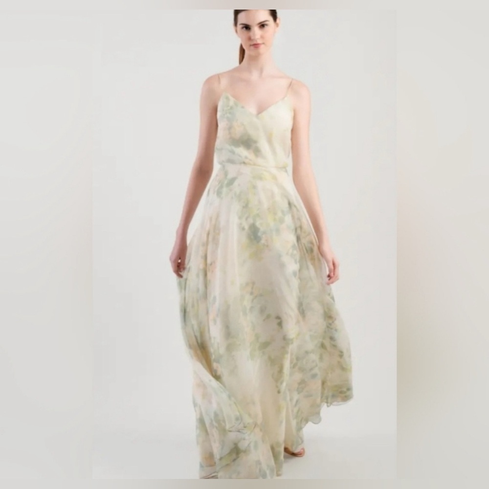 Jenny Yoo Pastel Watercolor Spaghetti-Strap Chiffon Gown